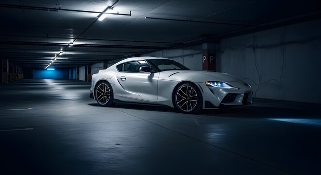 A white Toyota Supra Mk5 parked in an industrial garage with sleek neon lighting and reflective flooring. The car is shown in a clean and minimalist setup, showcasing its modern design and powerful pr