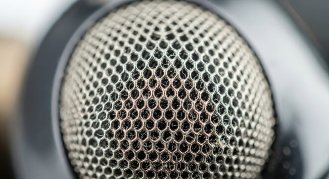 Close-up of a microphone grill with a honeycomb pattern.
