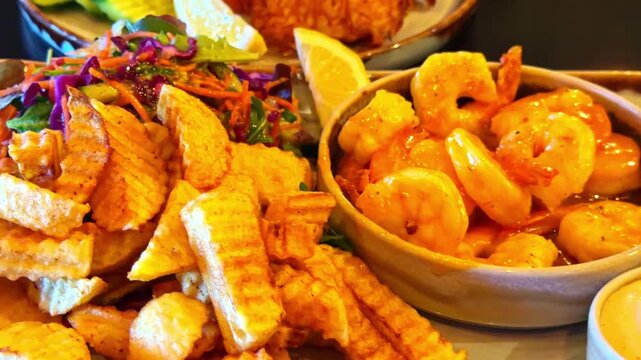 Slow close-up reveal of restaurant dishes including glazed shrimp, crispy potato pancakes, smoked salmon with roe and colorful coleslaw