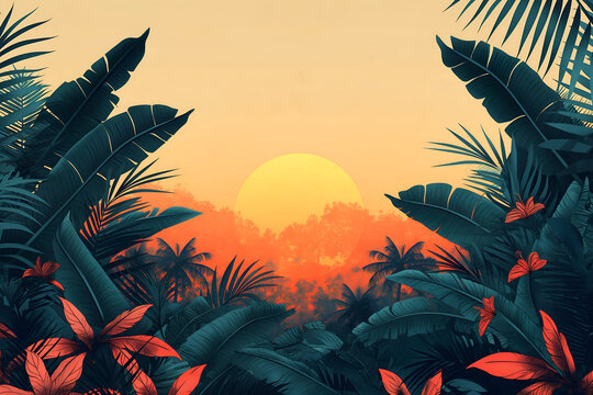 Tropical jungle sunset illustration with palm leaves and warm orange sky. Exotic nature background with layered foliage and sun horizon, perfect for travel, summer and design use.
