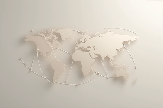 Minimal world map with global connections and network lines. Abstract business background showing international communication, logistics and digital connectivity.