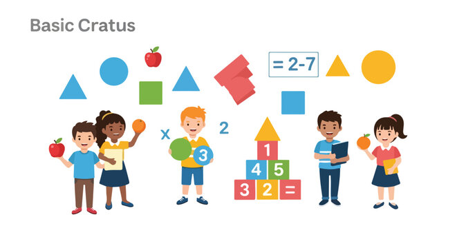 This vector illustration features a group of diverse children learning basic mathematical concepts and geometric shapes using fruits and blocks.