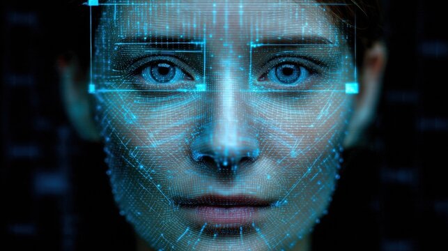 Face Scanning Process for Digital Identity Verification With Glowing Grid on Dark Backdrop Highlighting Biometric Features