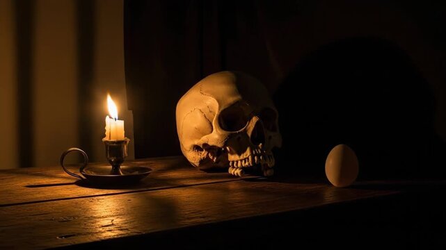 Dramatic still life of a skull, candle, and egg in dim lighting.