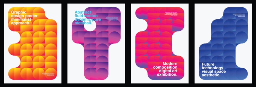 Creative layout templates present vibrant gradient 3D fluid shapes overlaid on clean white backgrounds. Elevate modern art exhibition branding using this abstract vector illustration set.