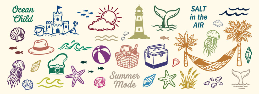 Summer mode travel icon set featuring hand drawn beach elements like sandcastles, lighthouses and palm trees. A coastal vector illustration collection perfect for holiday poster designs.