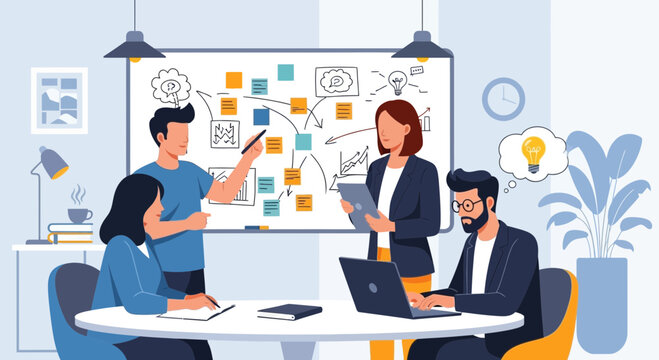 Diverse team collaborating on business strategy with whiteboard and mind map