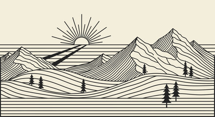Fototapeta premium Minimalist Mountain Landscape with Sunrise and Trees, Line Art