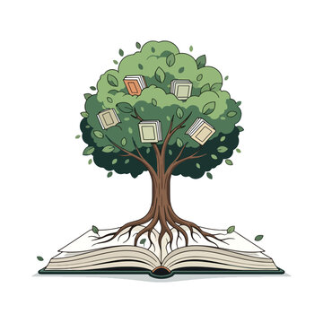 A tree with books growing as fruit rooted in an open book symbolizing knowledge and growth