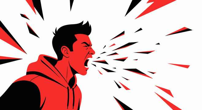 Man yelling in anger, frustration, and stress, with explosive sound waves