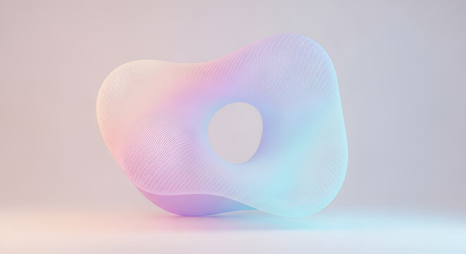 Abstract iridescent torus shape with wavy lines dreamy pastel gradient and ethereal glowing light effect in modern design