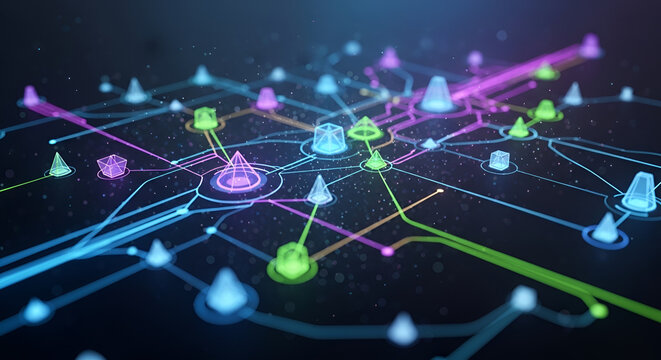 Abstract network connecting geometric shapes with glowing neon lines representing data flow in a futuristic digital landscape