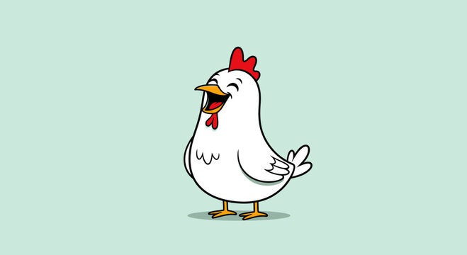 Funny cartoon chicken laughing happily isolated on light blue background