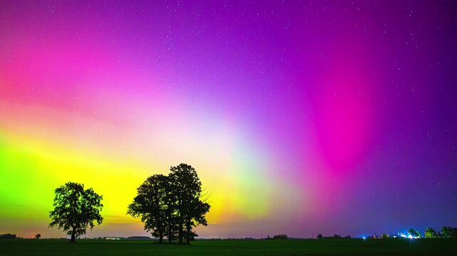 Stunning summer Aurora Borealis time-lapse filling sky with vivid magenta purple and green light over flat Latvian meadow with silhouetted trees and distant city glow