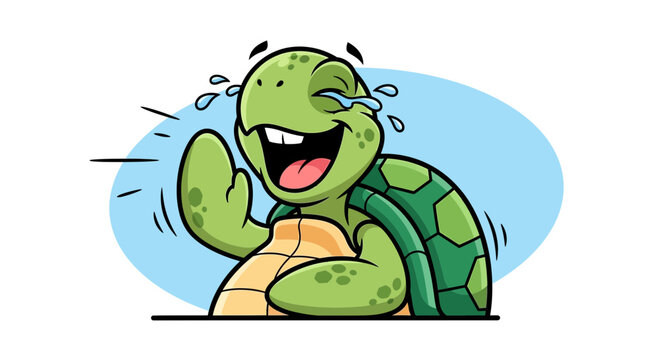 Funny cartoon turtle laughing hard, tears of joy, happy animal character
