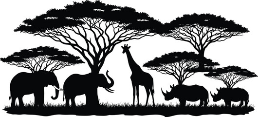 African savanna wildlife silhouette with elephants giraffe and rhinos under acacia trees, detailed nature vector illustration isolated on white background © mokbul