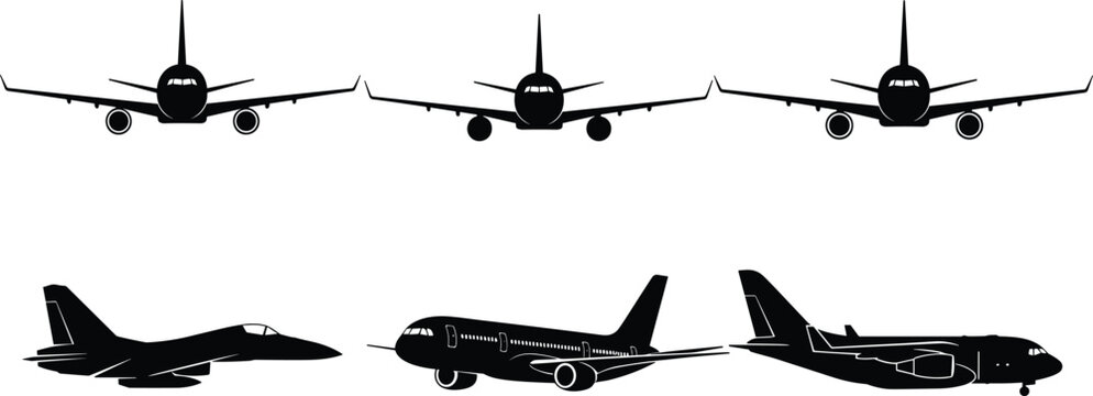 Airplane silhouettes set with front and side views, detailed aircraft vector collection isolated on white background for aviation design projects