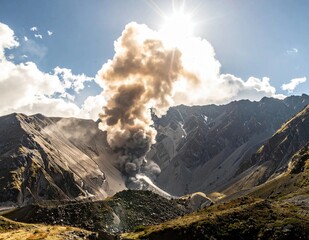 Fototapeta premium Dramatic Volcanic Eruption with Ash Plume and Sunlight.