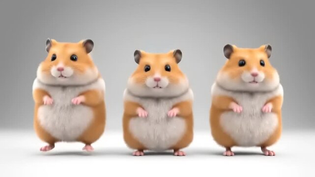 Three fluffy hamsters standing upright on a white background, with detailed fur and cute expressions, showcasing their small paws and round bodies in a charming studio shot