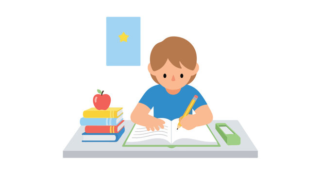 A young student with brown hair sits at a desk, focused on writing in a notebook next to a stack of books, an apple, and a pencil case.