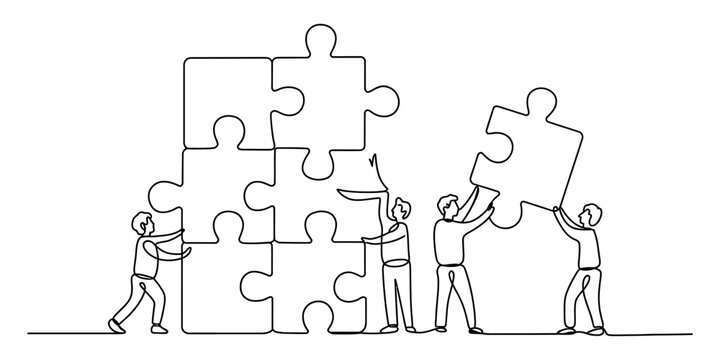 A line drawing depicting a team of people working together to complete a large puzzle structure Vector, illustration