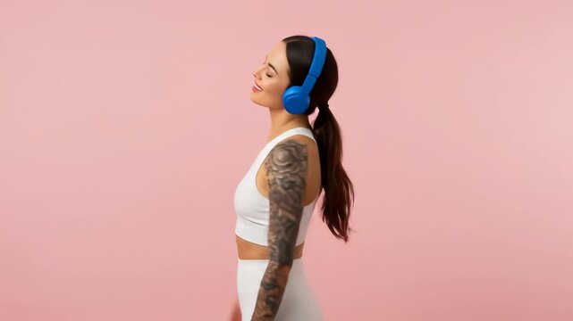 Happy woman with tattoos dances while listening to music with headphones.