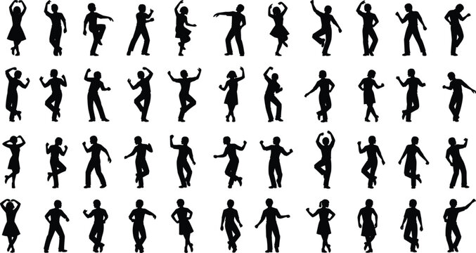 Dancing people silhouette collection vector set featuring men and women dynamic poses isolated black figures for party music design projects