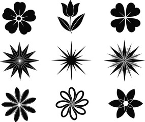 Obraz premium Floral and starburst silhouettes collection featuring decorative flowers leaves and abstract shapes isolated black vector icons set for design use