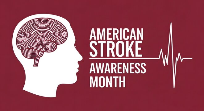 American Stroke Awareness Month Banner with Brain Illustration and Heartbeat Line on Red Background