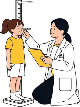 A young girl's height is measured by a doctor using a stadiometer in a medical examination room, illustrating a pediatric check-up and growth monitoring
