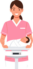 Fototapeta premium Illustration of a smiling nurse in pink scrubs holding a baby on a medical scale, symbolizing healthcare, new life, and infant care