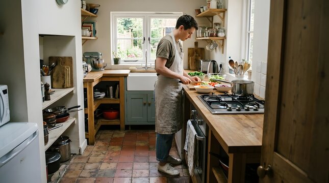 Person chopping vegetables at a kitchen counter with stove preparing chopping vegetables