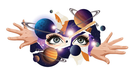 Woman face with planets makeup eyes. © Mubari