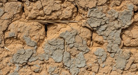 Fototapeta premium Close-up of an old, weathered mud wall with visible cracks and rough texture, showcasing traditional building materials and rustic charm.