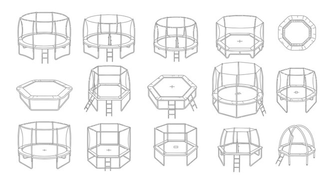 An assortment of technical line drawings depicting various round and polygonal trampoline designs