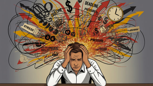 Overwhelmed person surrounded by chaotic symbols of stress and deadlines