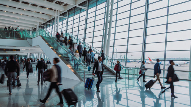 Passengers carrying luggage make their way through a busy transportation hub and board an escalator toward a modern airport terminal;