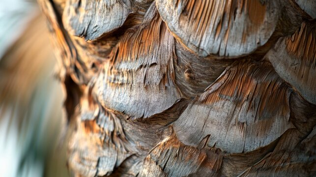 Chilean wine palm trunk with textured fibrous bark, generative ai