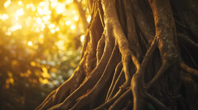 banyan tree aerial roots descending, soft forest light, generative ai
