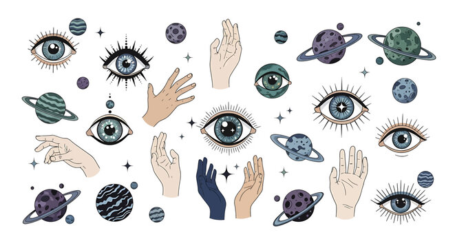 Eyes and hands with planets floating.