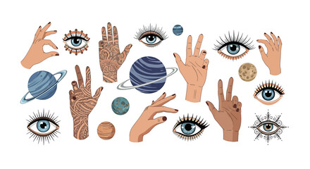 Hands and Eyes with Planets Illustration. © Sumi