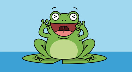 Obraz premium Happy Cartoon Frog Laughing on Lily Pad