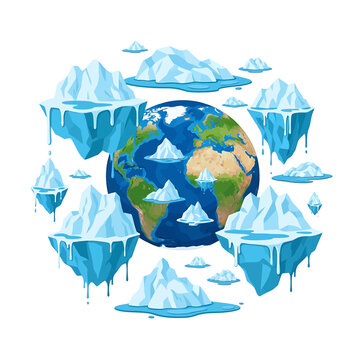 Earth surrounded by melting icebergs globally.