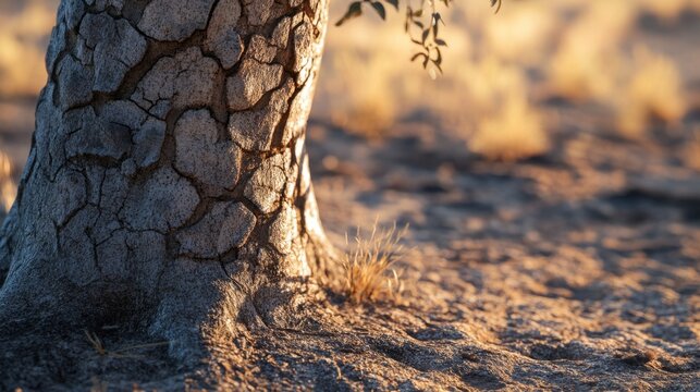 baobab tree trunk with textured surface, dry savanna light, generative ai