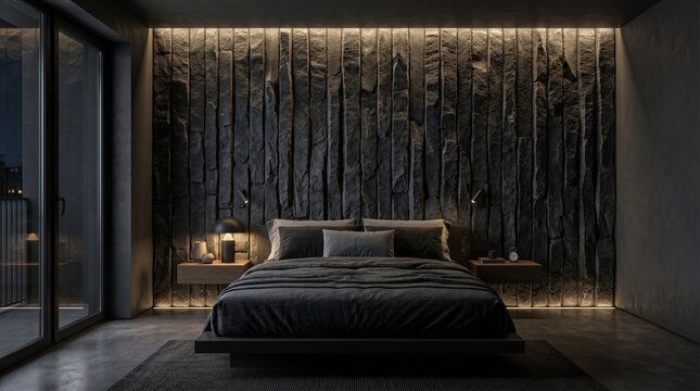 Moody minimalist bedroom featuring dark basalt stone headboard wall
