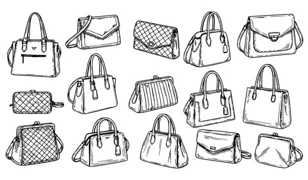 Women bags doodle icons black and white vector set with handbag and clutch sketch
