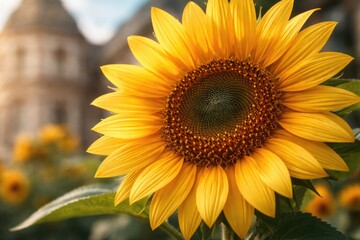 Fototapeta premium Close up view of a sunflower with a blurred architectural background