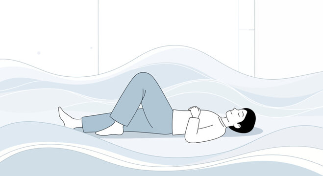 Person relaxing on back, legs crossed, eyes closed, serene, peaceful, floating on water waves