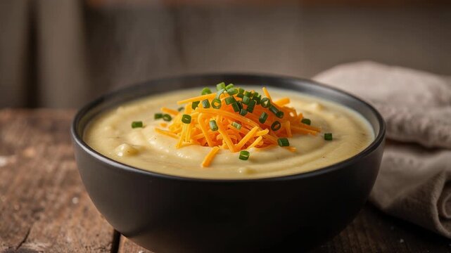 Creamy mashed potatoes with cheddar cheese and chopped chives in a black bowl on rustic wooden table