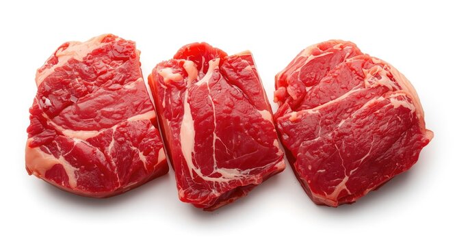 Raw buffalo meat and beef steak fresh cuts isolated on white background